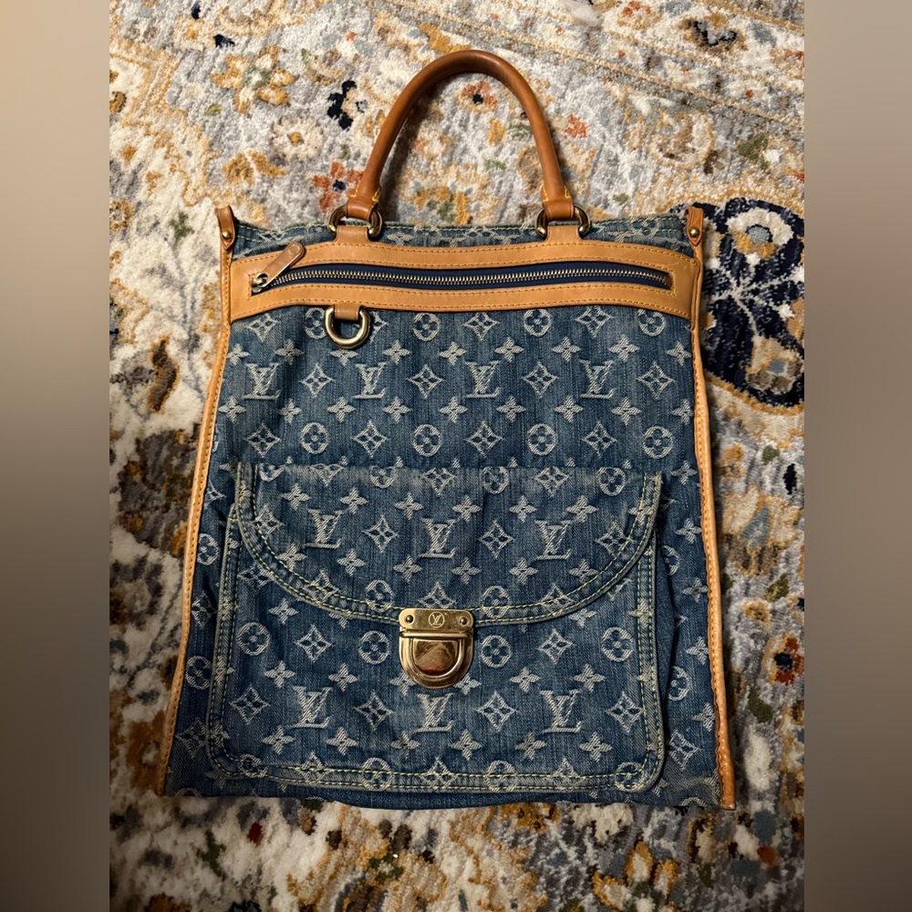 Louis Vuitton Blue Denim and Tan Leather Bag
